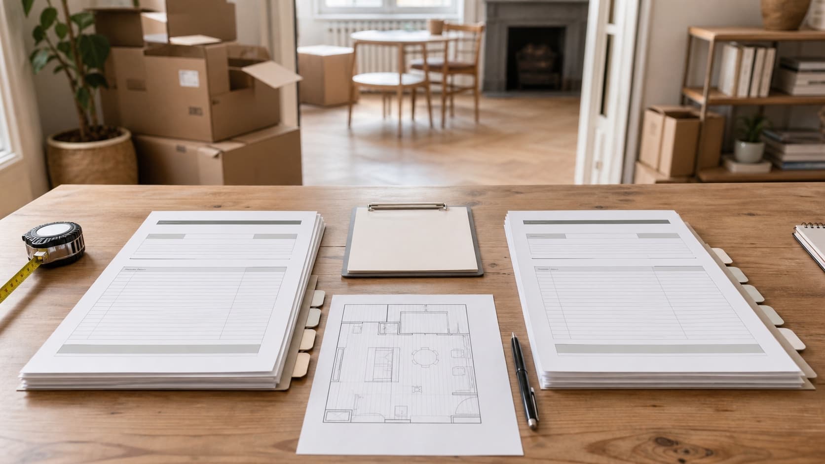 Deux propositions de débarras comparées avec un plan de logement et un mètre