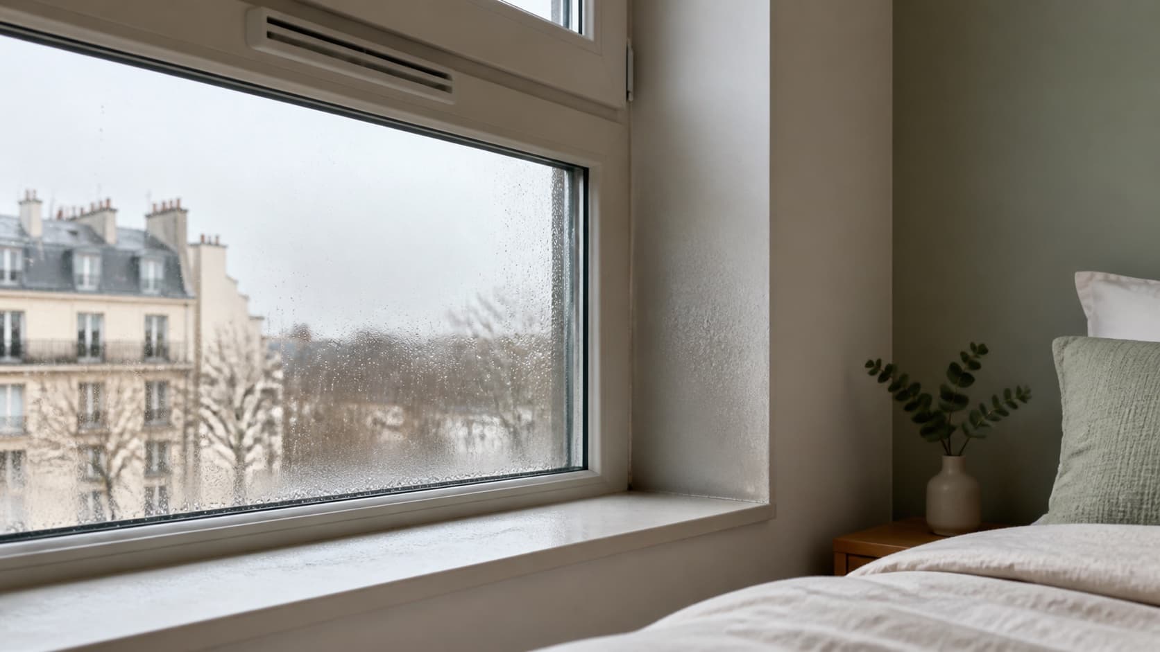 Condensation visible sur une fenêtre de chambre avec entrée d’air dégagée
