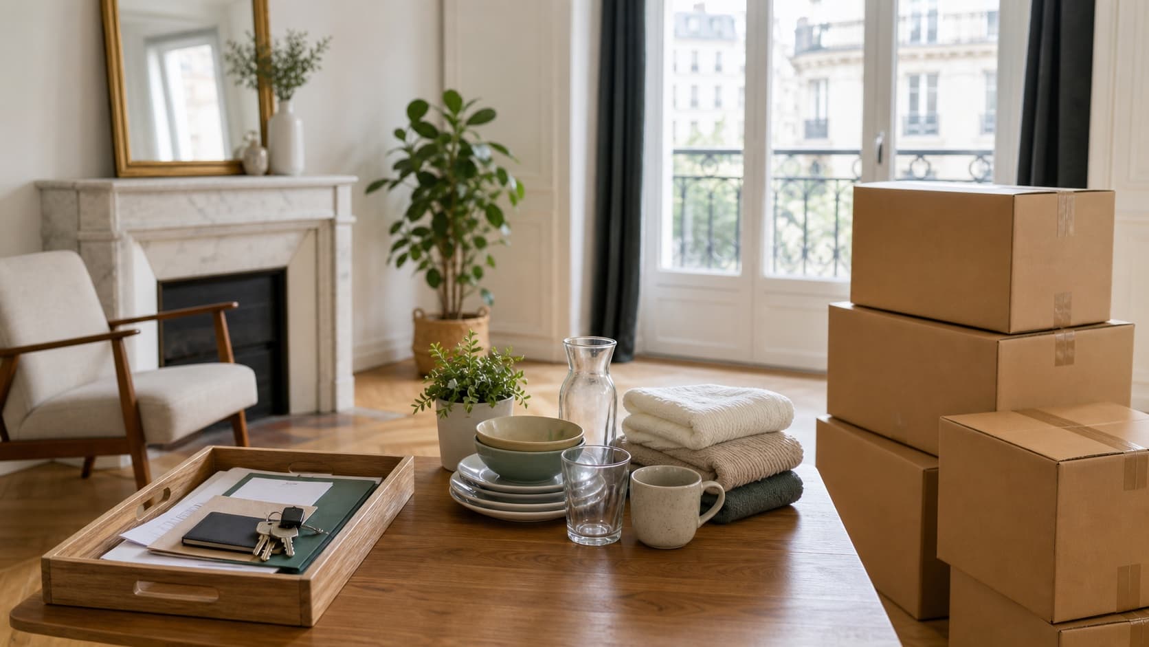Documents, clés, objets utiles et cartons séparés avant un débarras d’appartement