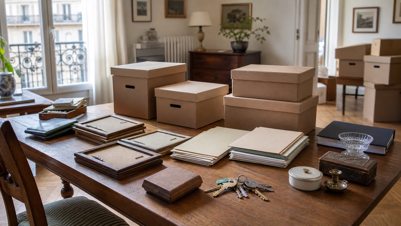 Inventaire organisé de documents, clés et objets avant un débarras après succession