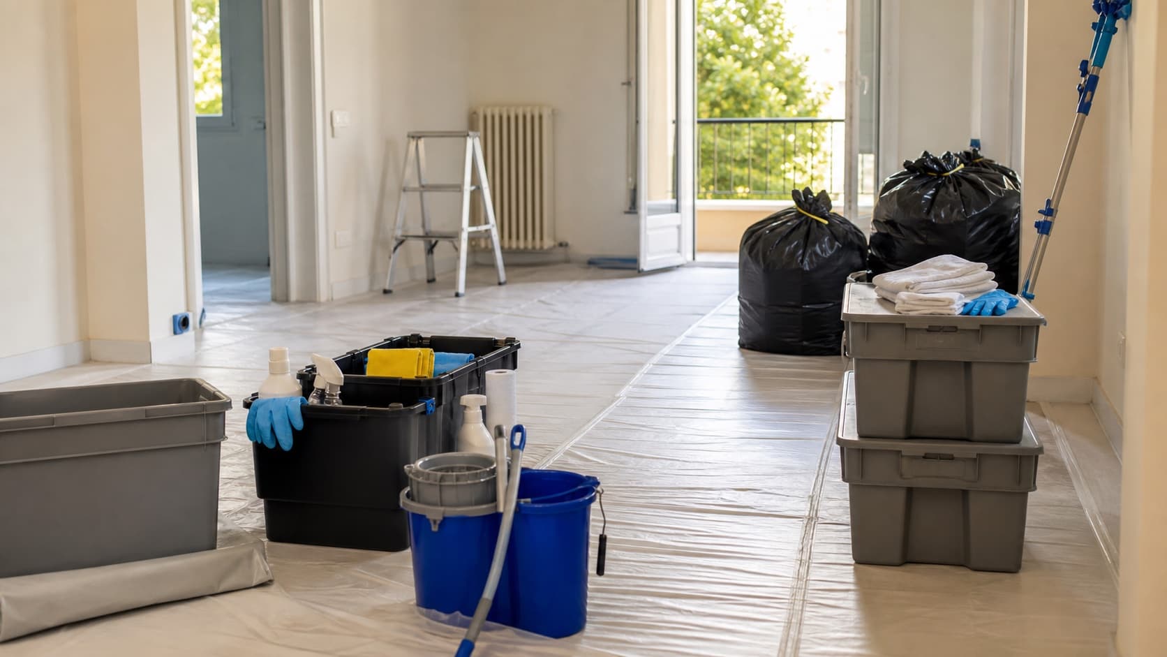 Matériel de tri et de nettoyage organisé dans un appartement protégé avant remise en état