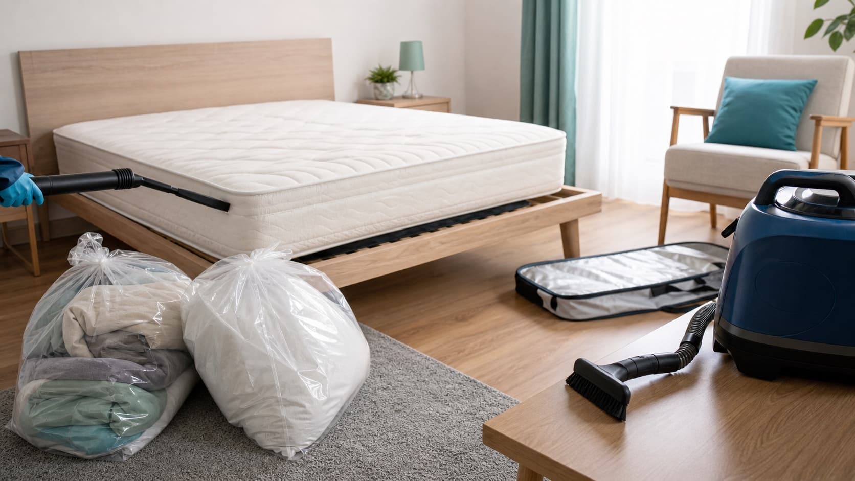 Literie préparée avec aspirateur et appareil vapeur avant un traitement contre les punaises de lit