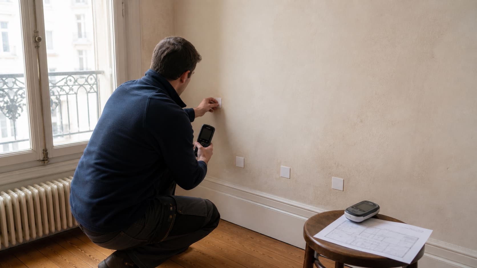 Technicien relevant des indices d’humidité sur un mur lors d’un diagnostic