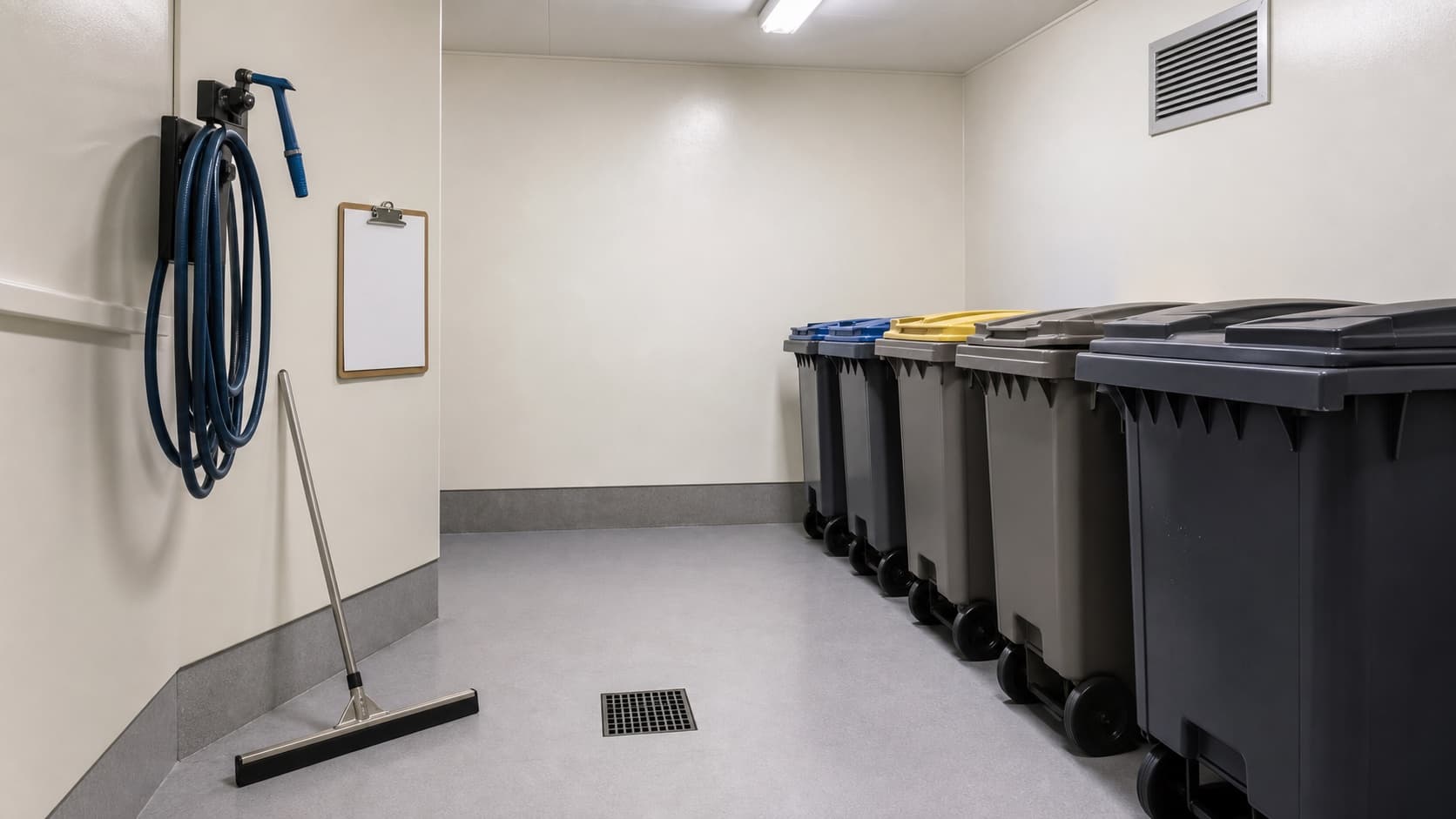 Local poubelles propre avec bacs fermés et matériel d’entretien organisé