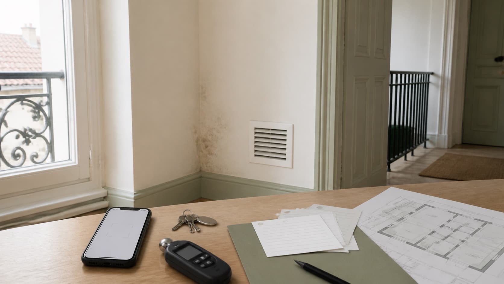 Constat de moisissures préparé avec clés, plan du logement et appareil de mesure