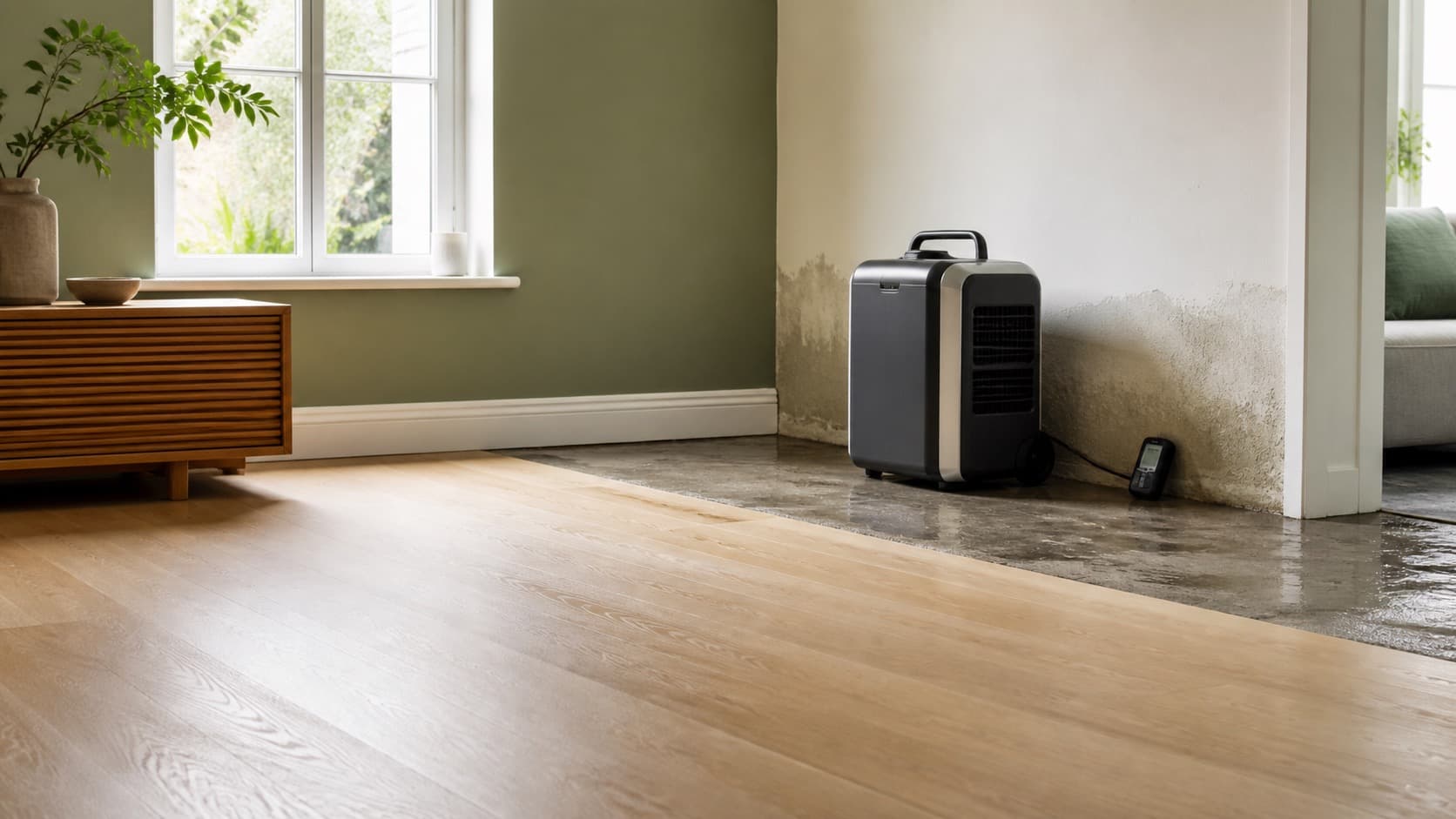 Sol nettoyé et mur encore humide contrôlé avec un déshumidificateur