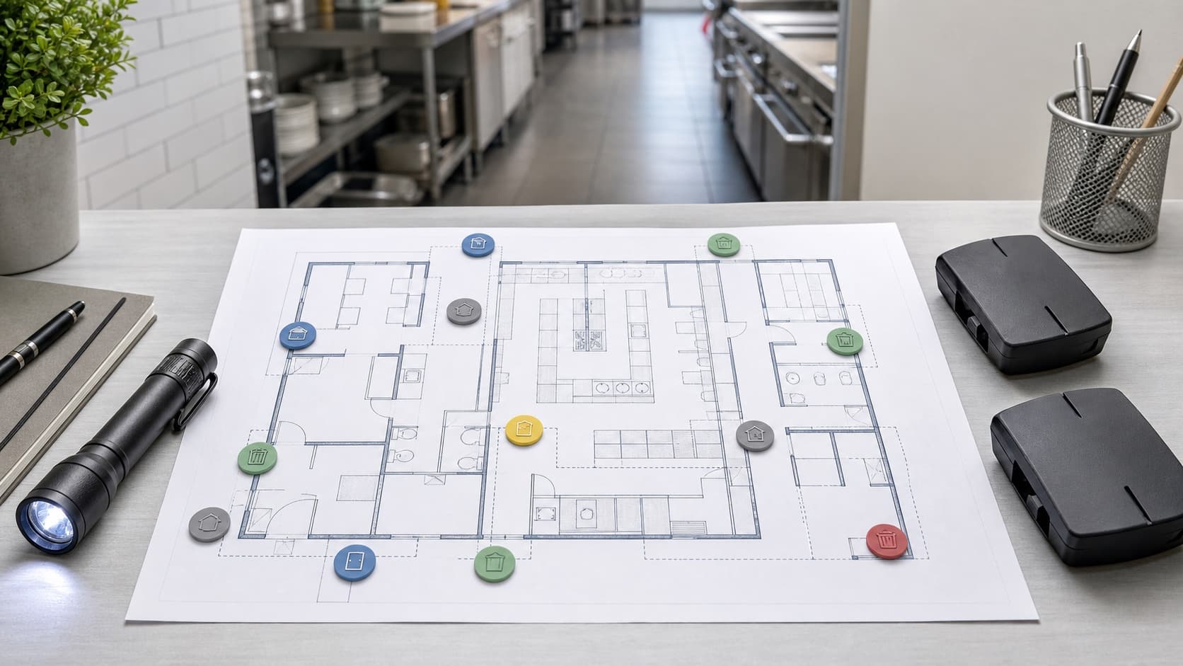Plan de restaurant avec points de surveillance préparé pour prévenir les rats