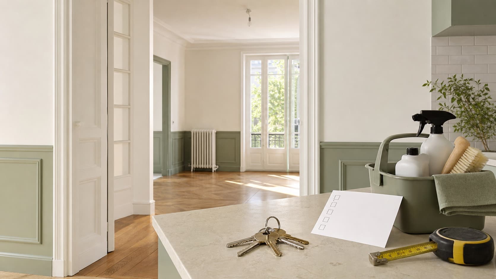 Clés, checklist et matériel dans un appartement vacant préparé avant relocation