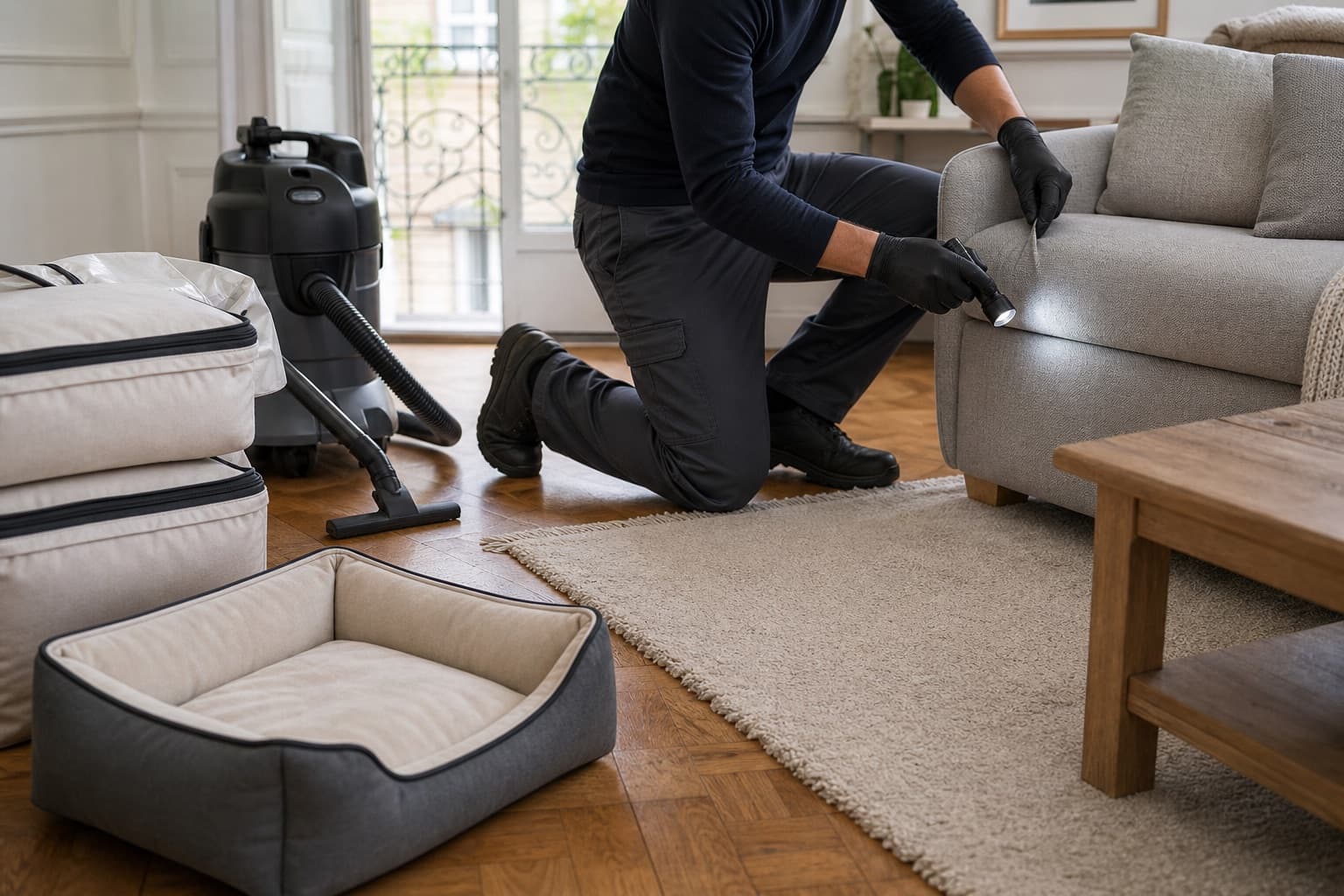 Aspirateur et couchage animal préparés avant un traitement contre les puces