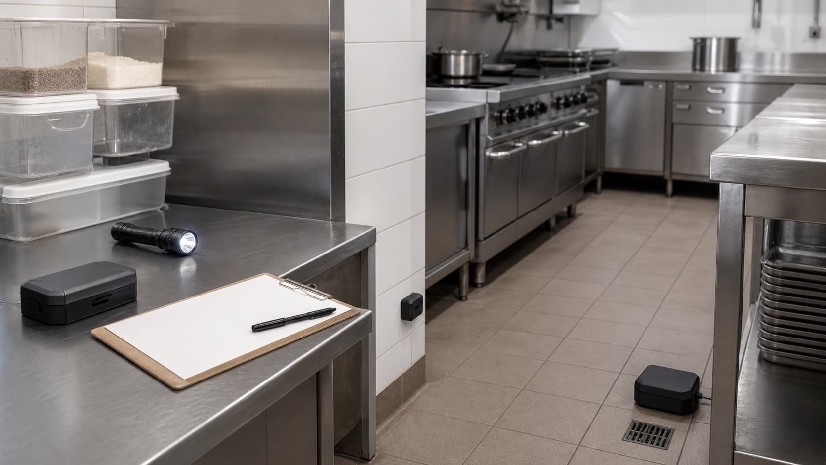 Cuisine professionnelle inspectée avec dispositifs de surveillance et checklist