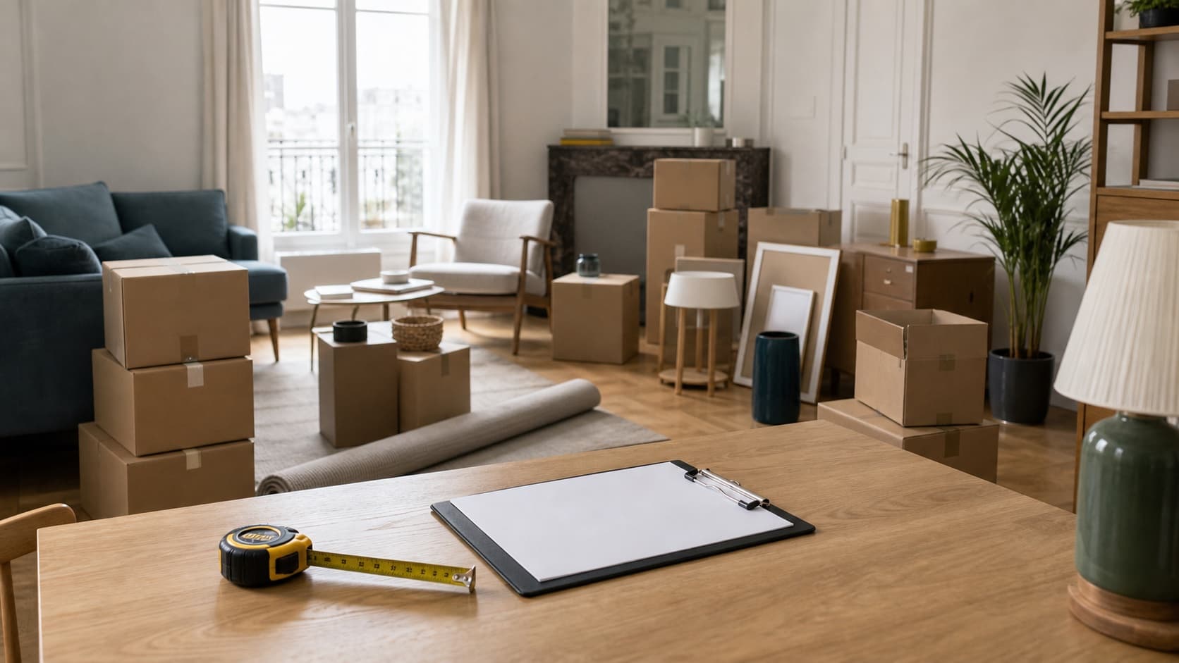 Cartons et mobilier regroupés dans un appartement avant l’évaluation d’un débarras
