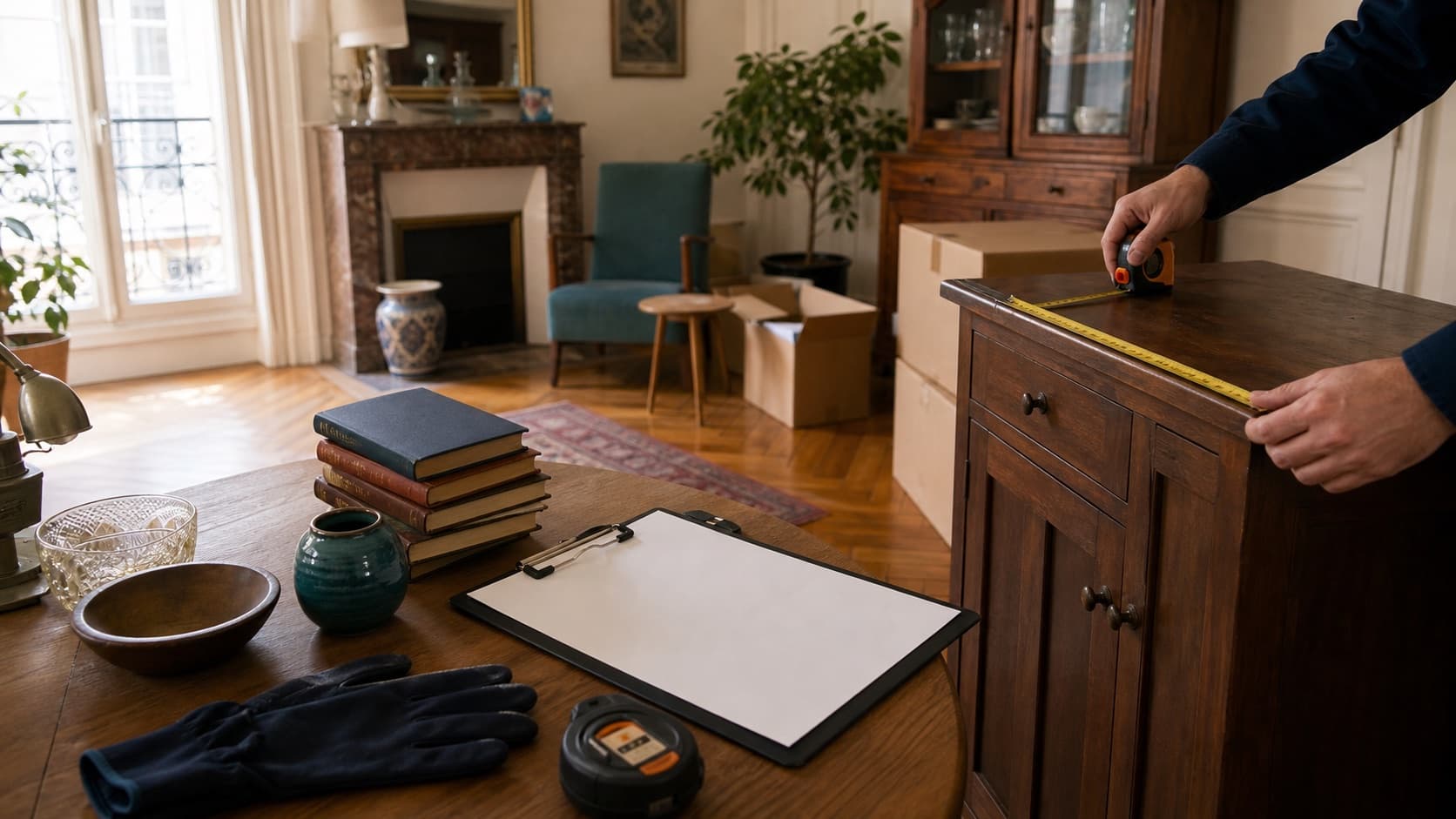 Mesure d’un meuble et inventaire des objets avant un débarras de succession