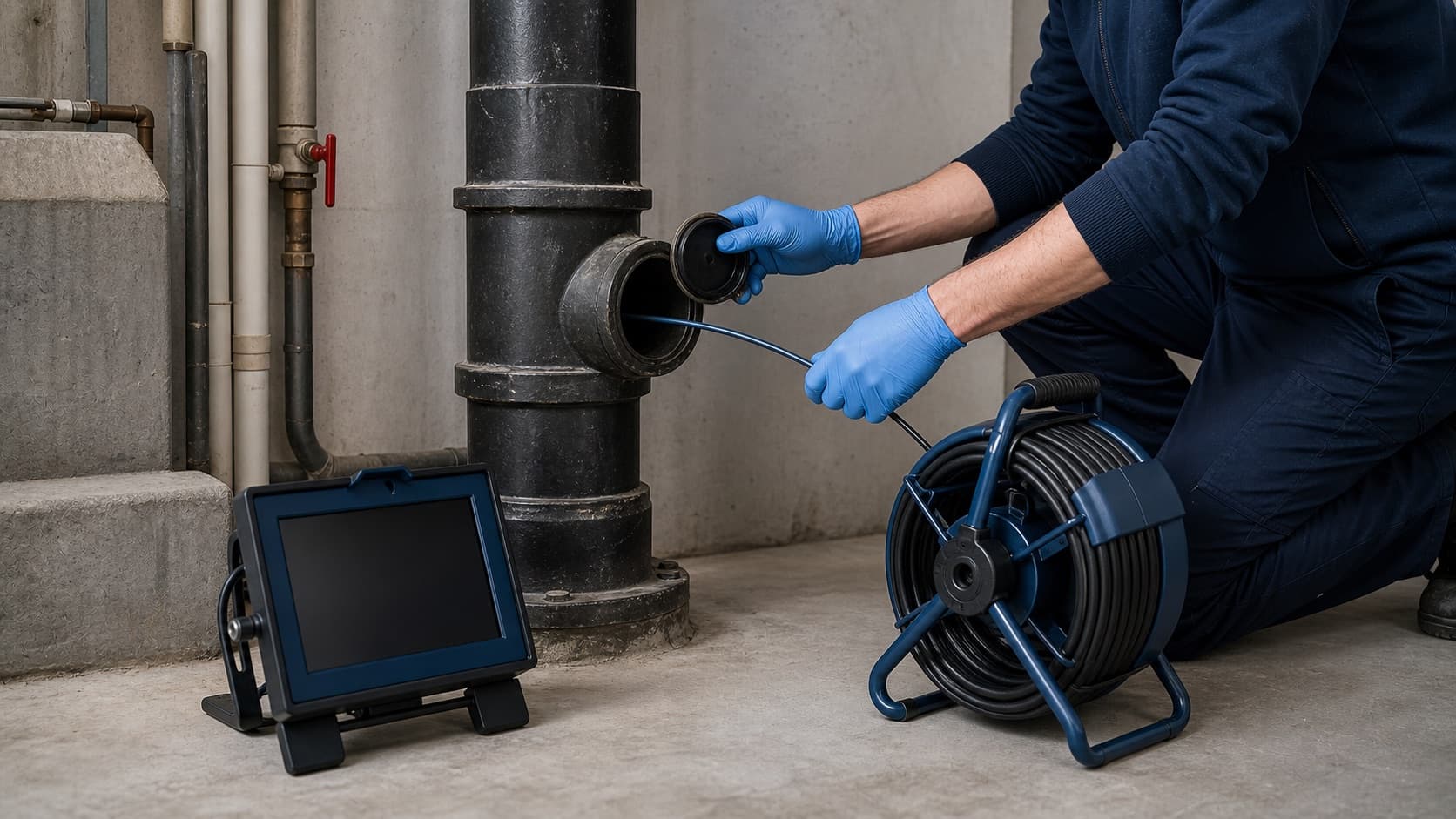Inspection vidéo d’une colonne d’évacuation dans un local technique d’immeuble