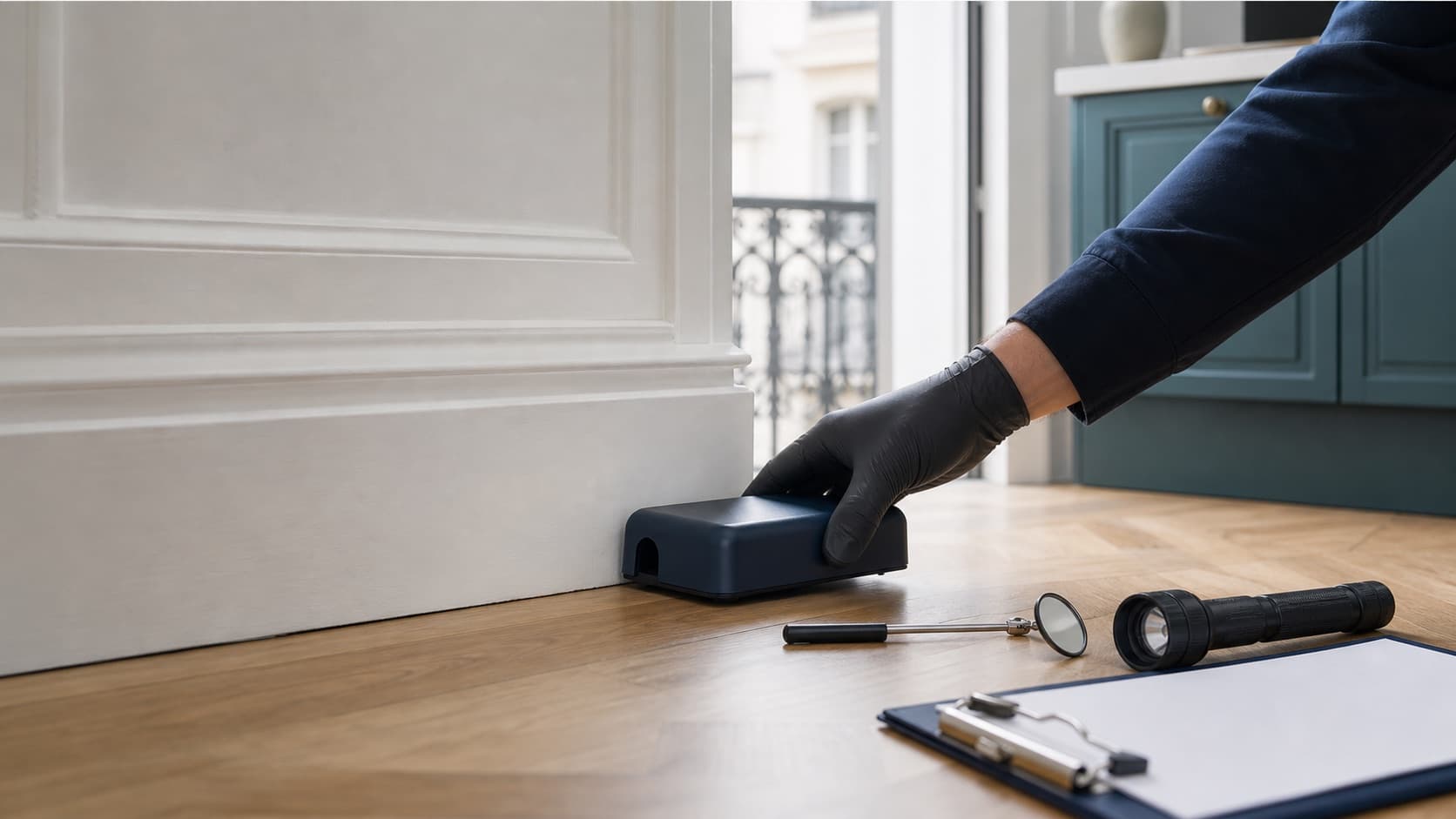 Inspection d’un point de passage potentiel de rongeurs dans un appartement parisien