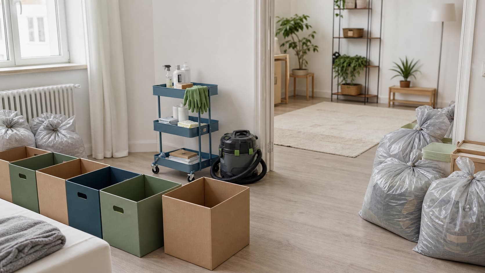 Matériel de tri et de nettoyage organisé par zones dans un appartement en remise en état