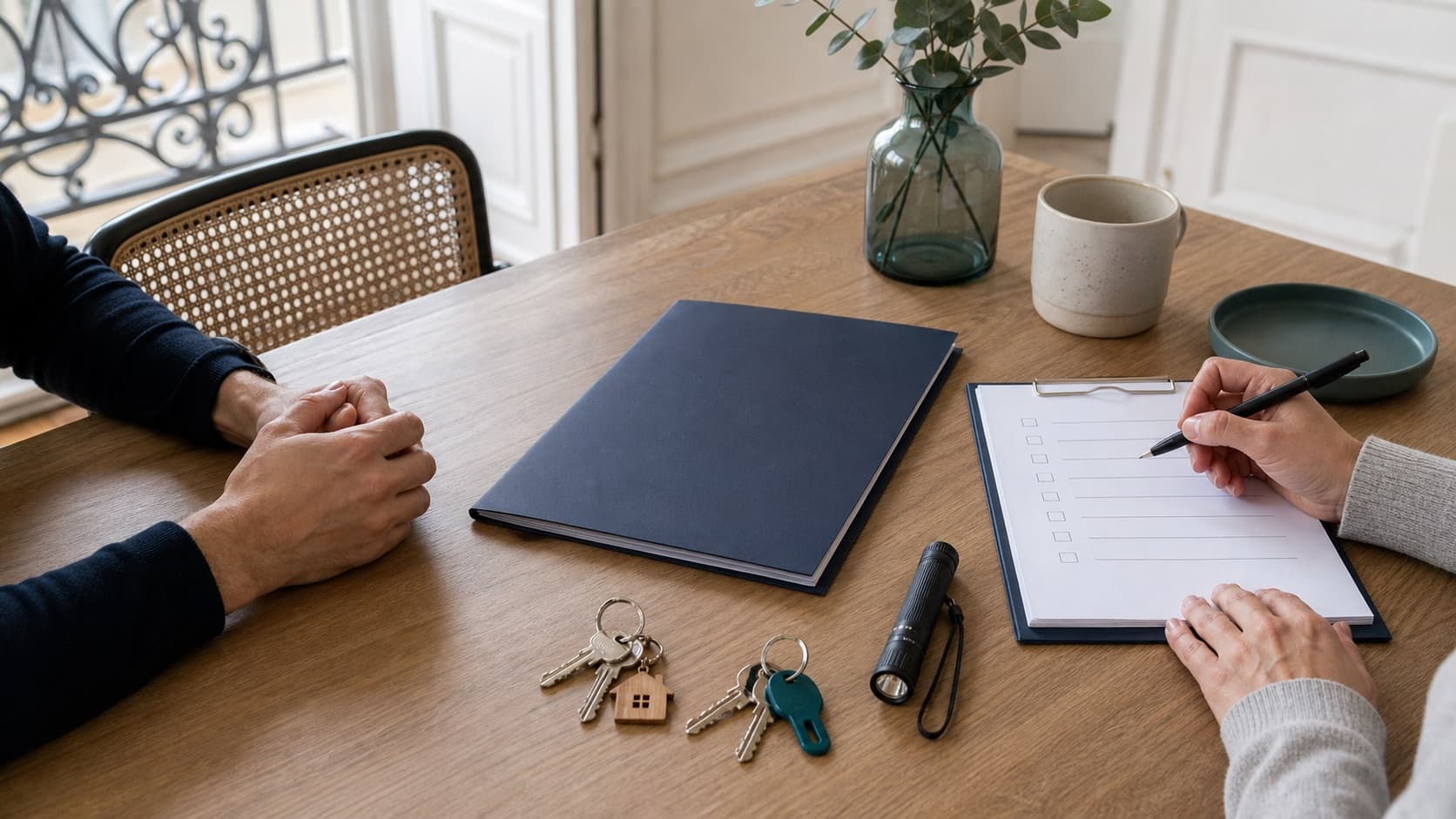 Propriétaire et locataire examinant une checklist d’entretien avec leurs clés
