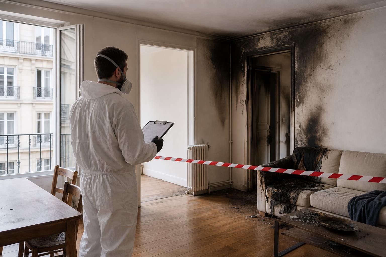 Professionnel documentant à distance une pièce noircie après un incendie maîtrisé