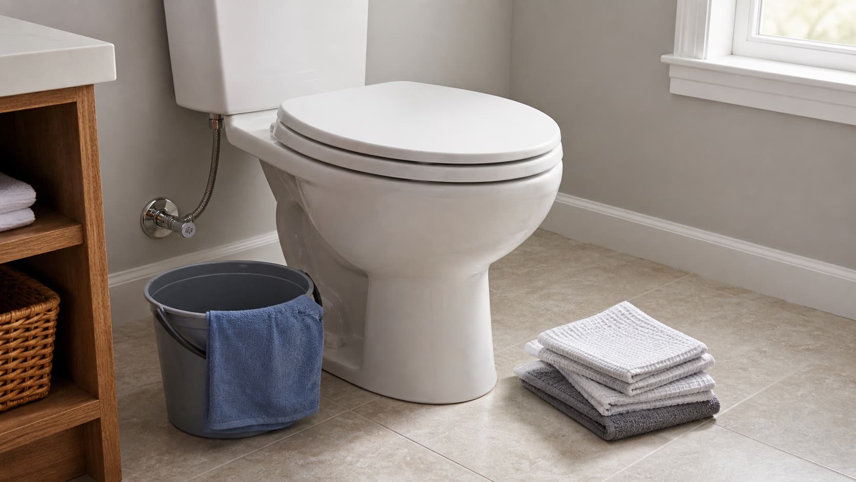 WC fermé, arrivée d’eau accessible et matériel absorbant préparé sans produit chimique