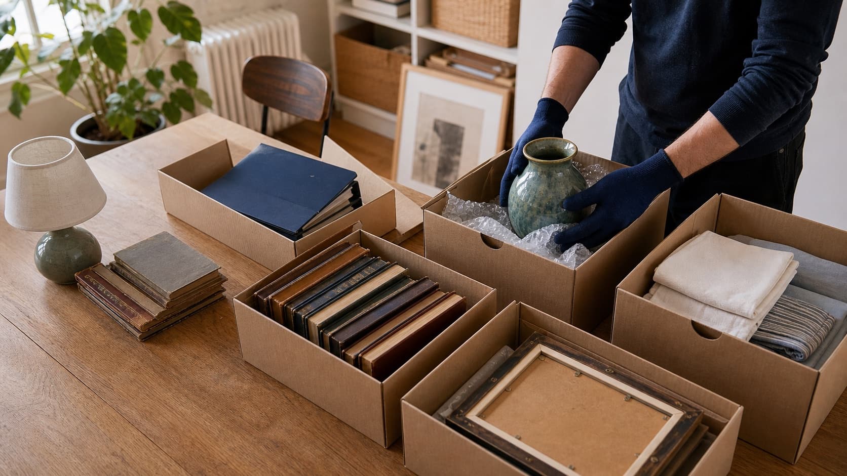 Tri soigneux de livres, linge et objets à préserver avant un débarras