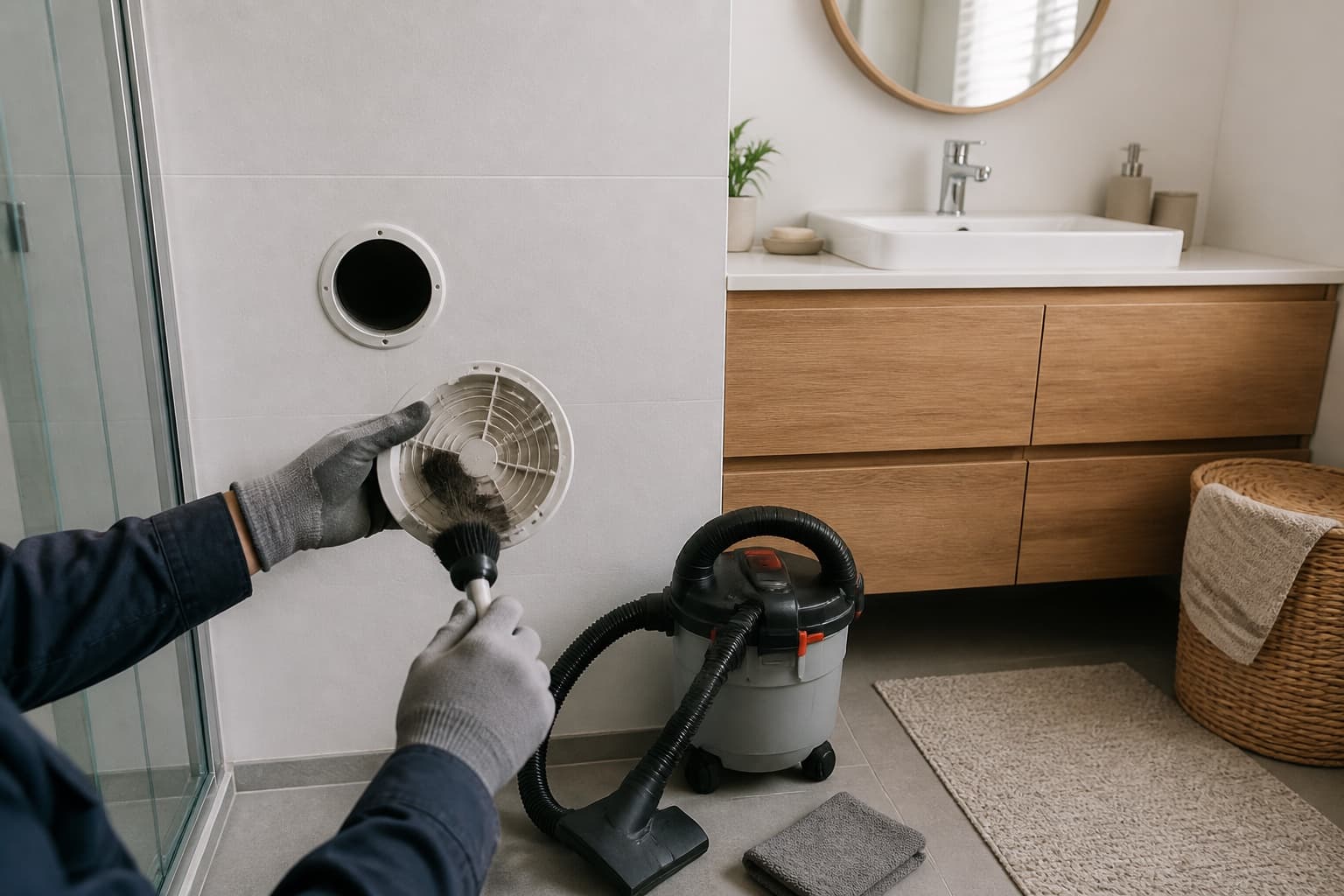 Professionnel examinant une bouche de VMC accessible dans un logement