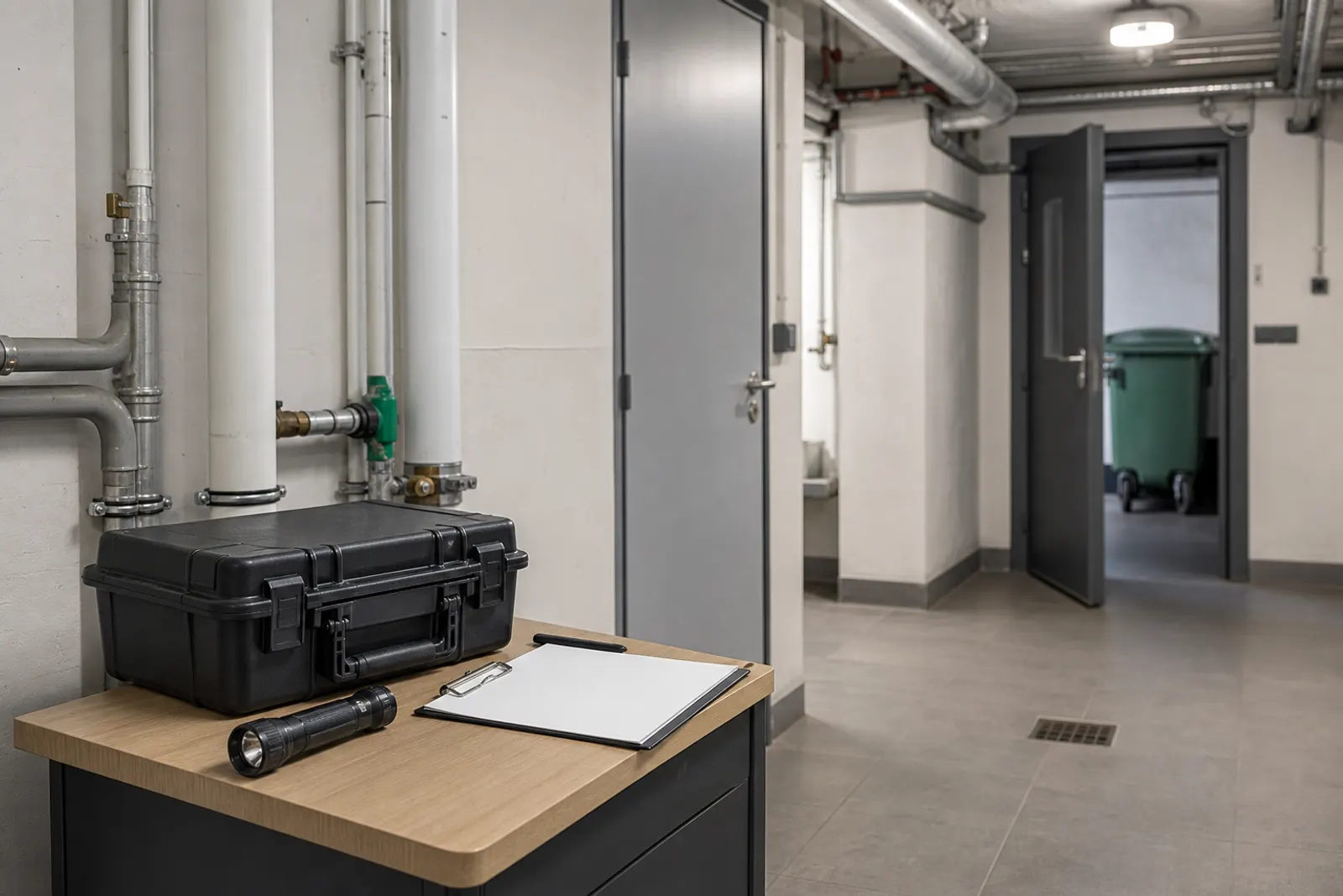 Partie commune technique propre d’un immeuble avec canalisations accessibles et matériel d’inspection