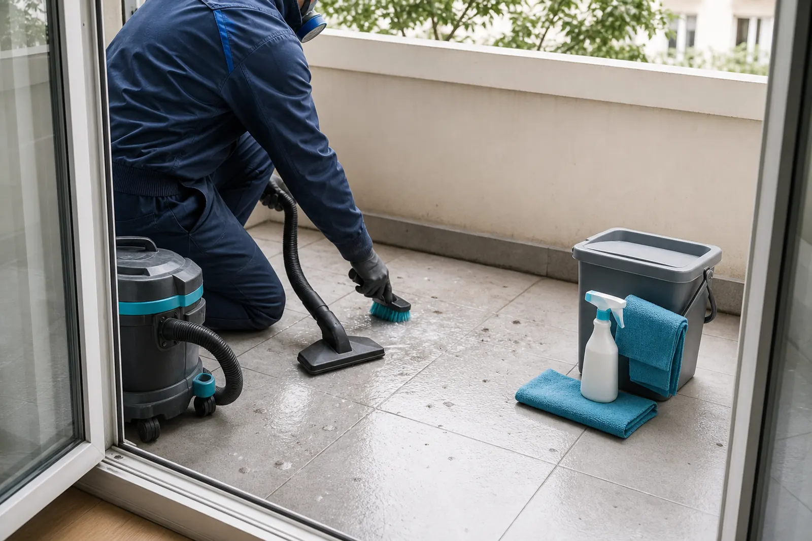 Remise au propre méthodique d’un balcon modérément souillé par des fientes de pigeons avec matériel professionnel