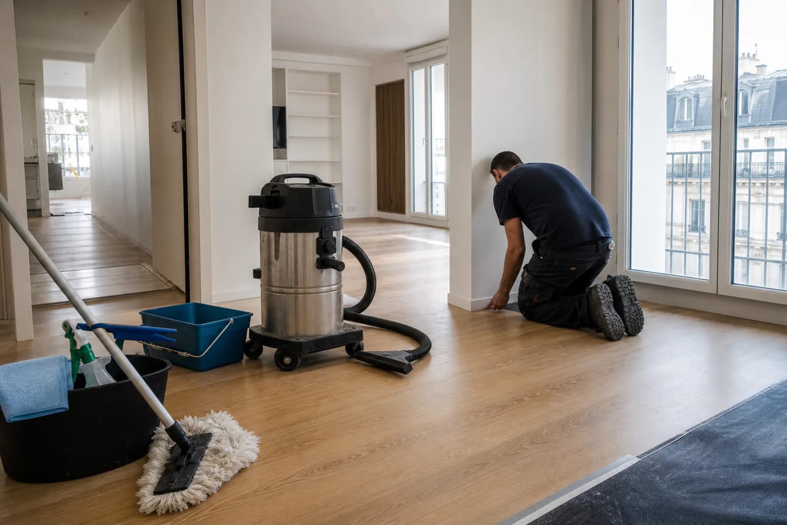 Nettoyage de finition dans un espace rénové avec aspirateur professionnel et protections de chantier restantes