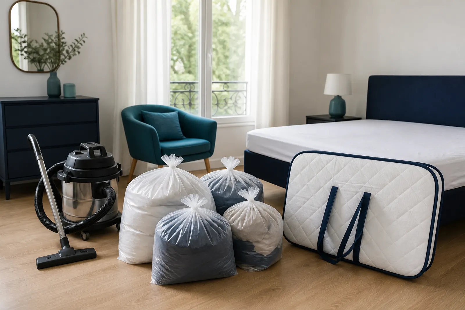 Chambre rangée avec linge conditionné et matériel de préparation avant traitement des punaises de lit