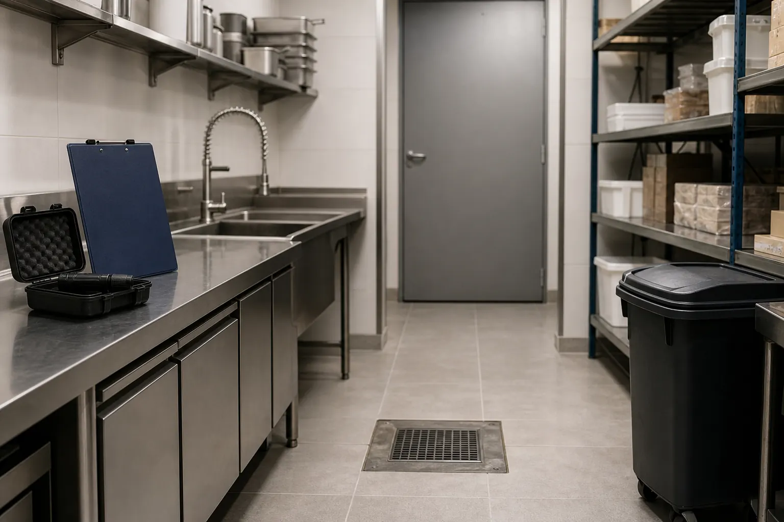 Zone technique propre d’un restaurant avec matériel d’inspection et siphon de sol accessible