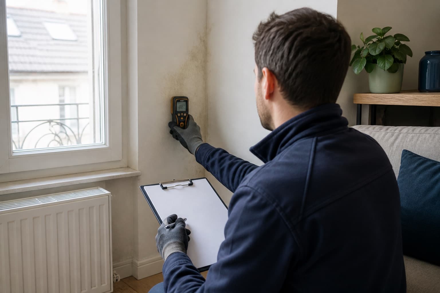 Technicien relevant l’humidité d’un mur près d’une fenêtre