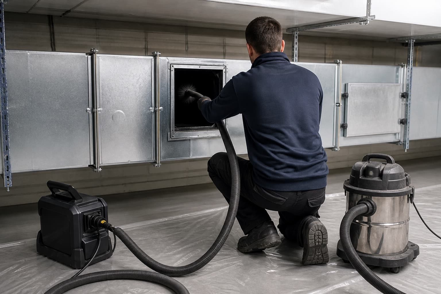 Nettoyage professionnel d’un conduit de ventilation depuis une trappe existante