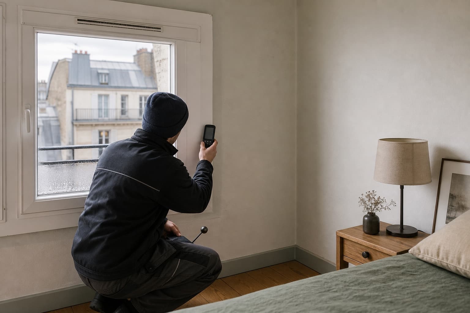 Technicien observant la condensation et la ventilation près d’une fenêtre
