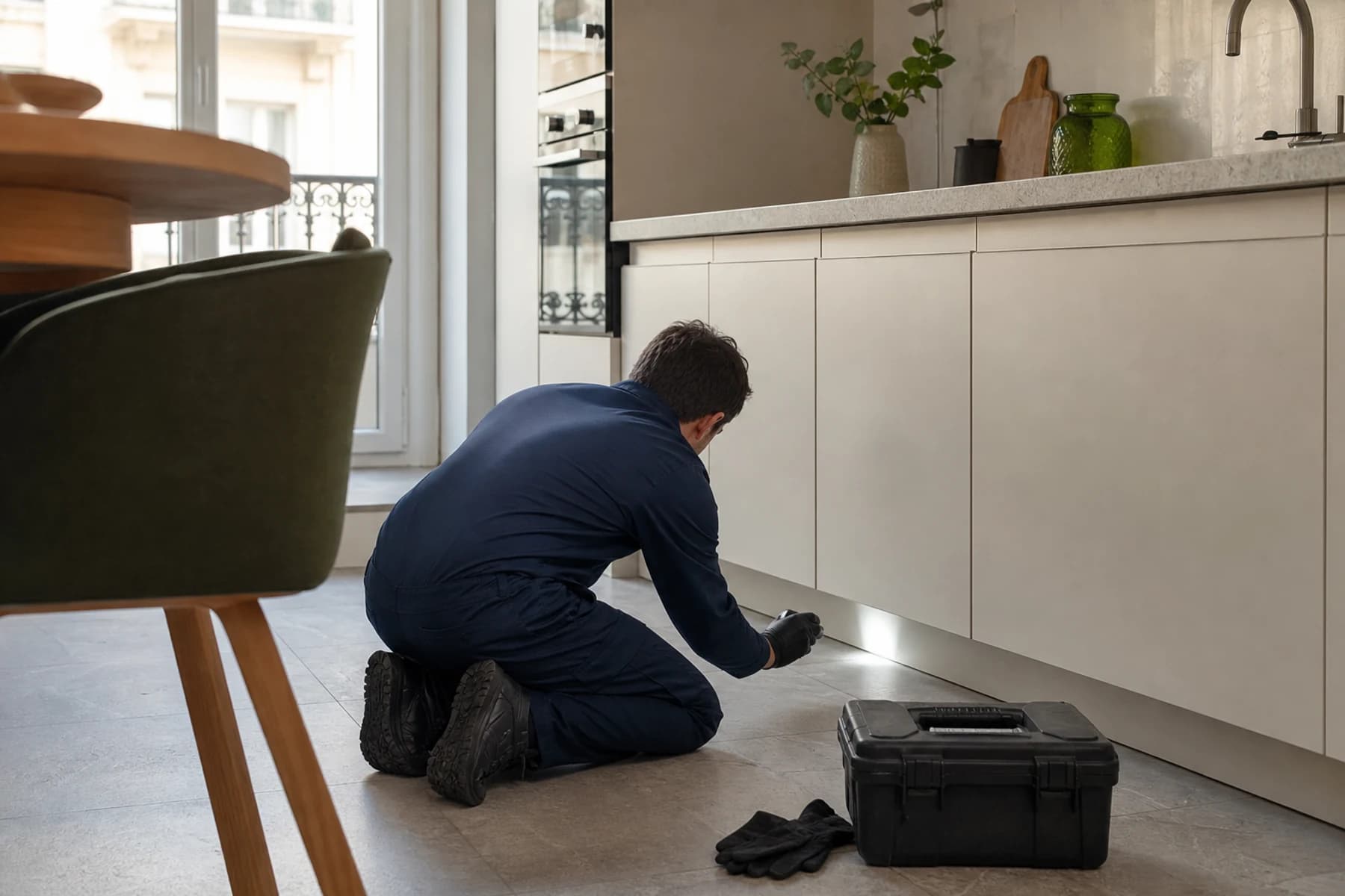 Inspection discrète d'une cuisine pour identifier une présence de nuisibles
